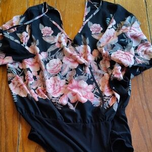 Torrid Black and Pink Floral Bodysuit